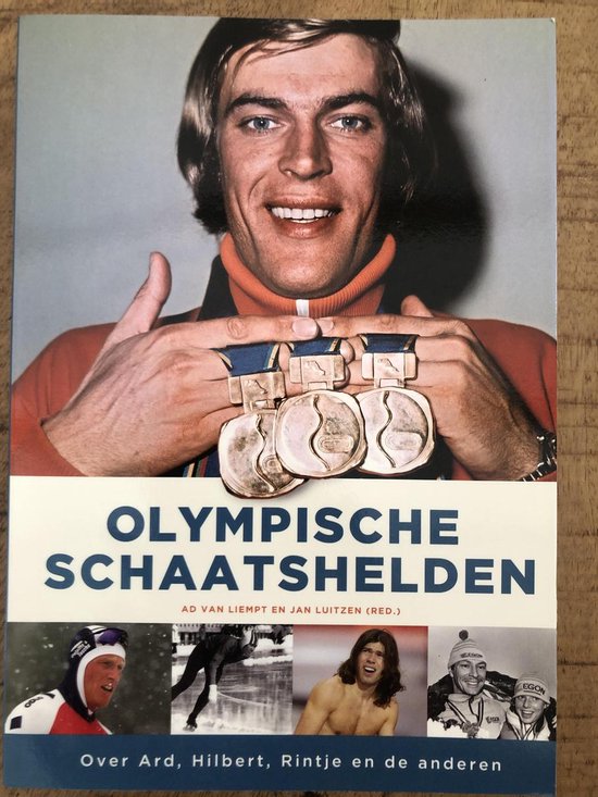 Boekomslag 'Olympische Schaatshelden' met een portret van een schaatser met gouden medailles om zijn nek en rond zijn vingers. Kleinere foto's van schaatsers.