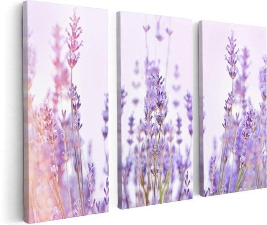 Artaza Canvas Schilderij Drieluik Paarse Lavendel Bloemen  - 120x80 - Foto Op Canvas - Canvas Print