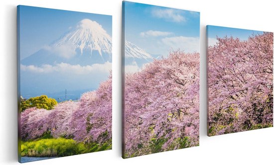 Artaza Canvas Schilderij Drieluik Roze Bloesembomen Bij De Fuji Berg - 120x60 - Foto Op Canvas - Canvas Print