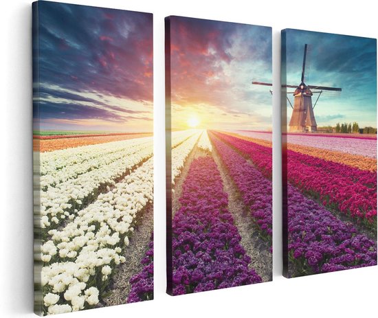 Artaza Canvas Schilderij Drieluik Kleurrijke Tulpen Bloemenveld - Windmolen - 120x80 - Foto Op Canvas - Canvas Print