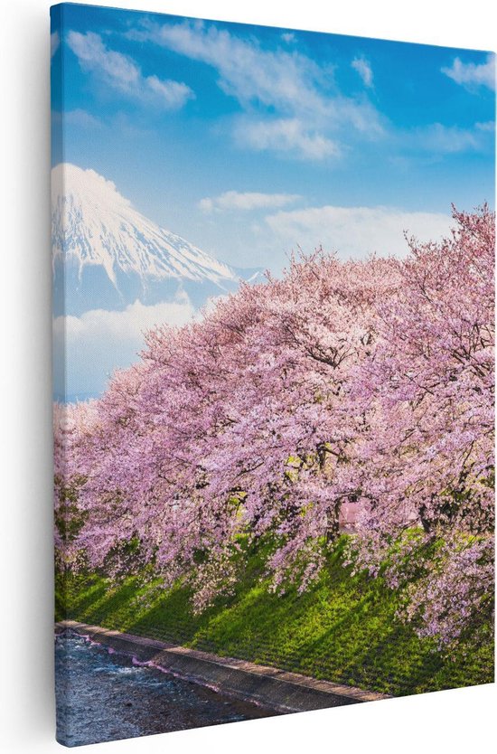Artaza - Canvas Schilderij - Roze Bloesembomen Bij De Fuji Berg - Foto Op Canvas - Canvas Print
