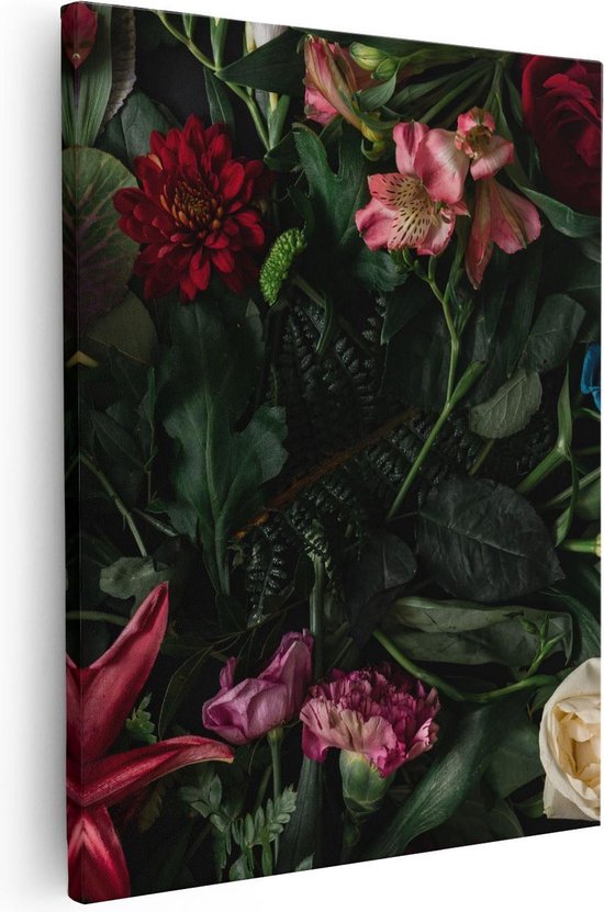 Artaza Canvas Schilderij Kleurrijke Bloemen Met Groene Bladeren - 80x100 - Groot - Foto Op Canvas - Canvas Print