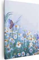 Artaza Canvas Schilderij Witte Kamille Bloemen Met Een Vlinder - 40x50 - Foto Op Canvas - Canvas Print