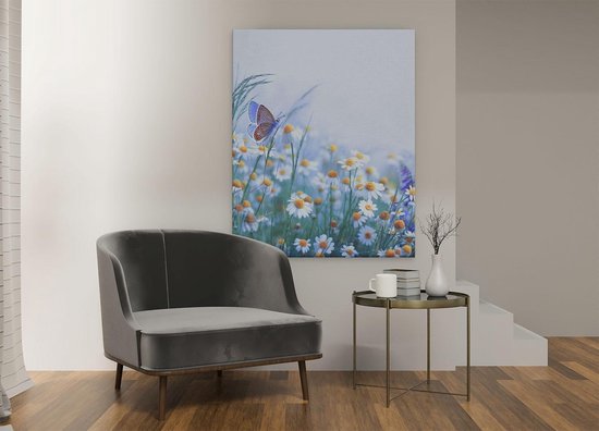 Artaza Peinture Sur Toile Fleurs De Camomille Witte Avec Un Papillon - 80x100 - Groot - Photo Sur Toile - Impression Sur Toile