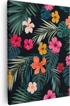 Artaza Canvas Schilderij Getekende Tropische Bloemen - Abstract - 80x100 - Groot - Foto Op Canvas - Canvas Print