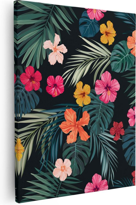 Artaza Canvas Schilderij Getekende Tropische Bloemen - Abstract - 80x100 - Groot - Foto Op Canvas - Canvas Print
