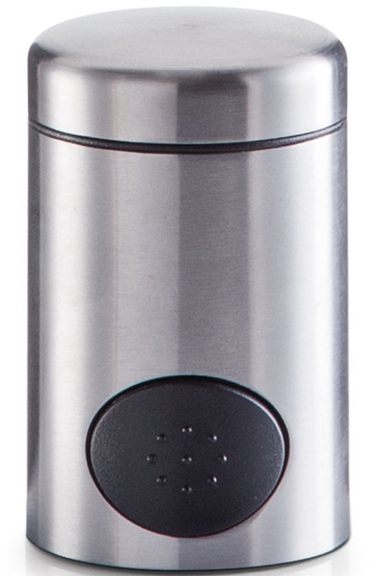 RVS zoetjesdispenser met zwarte, ronde knop met zeven gaatjes.