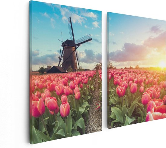 Artaza Canvas Schilderij Tweeluik Roze Tulpen Bloemenveld - Met Windmolen - 80x60 - Foto Op Canvas - Canvas Print