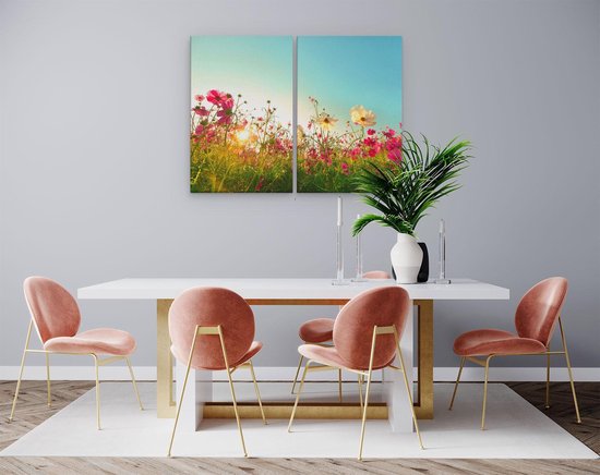 Artaza - Diptyque de peinture sur toile - Champ de fleurs de Kosmos avec un  soleil... | bol.com