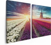 Artaza - Diptyque de peinture sur toile - Champ de fleurs de tulipes colorées - Moulin à vent - 120x80 - Photo sur toile - Impression sur toile