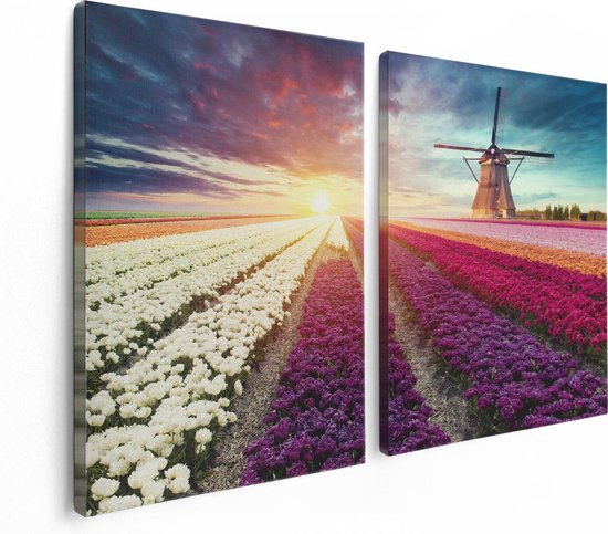 Artaza Canvas Schilderij Tweeluik Kleurrijke Tulpen Bloemenveld - Windmolen - 120x80 - Foto Op Canvas - Canvas Print