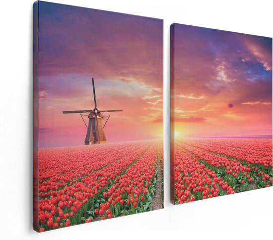 Artaza Canvas Schilderij Tweeluik Rode Rozen Bloemenveld Met Een Windmolen - 120x80 - Foto Op Canvas - Canvas Print