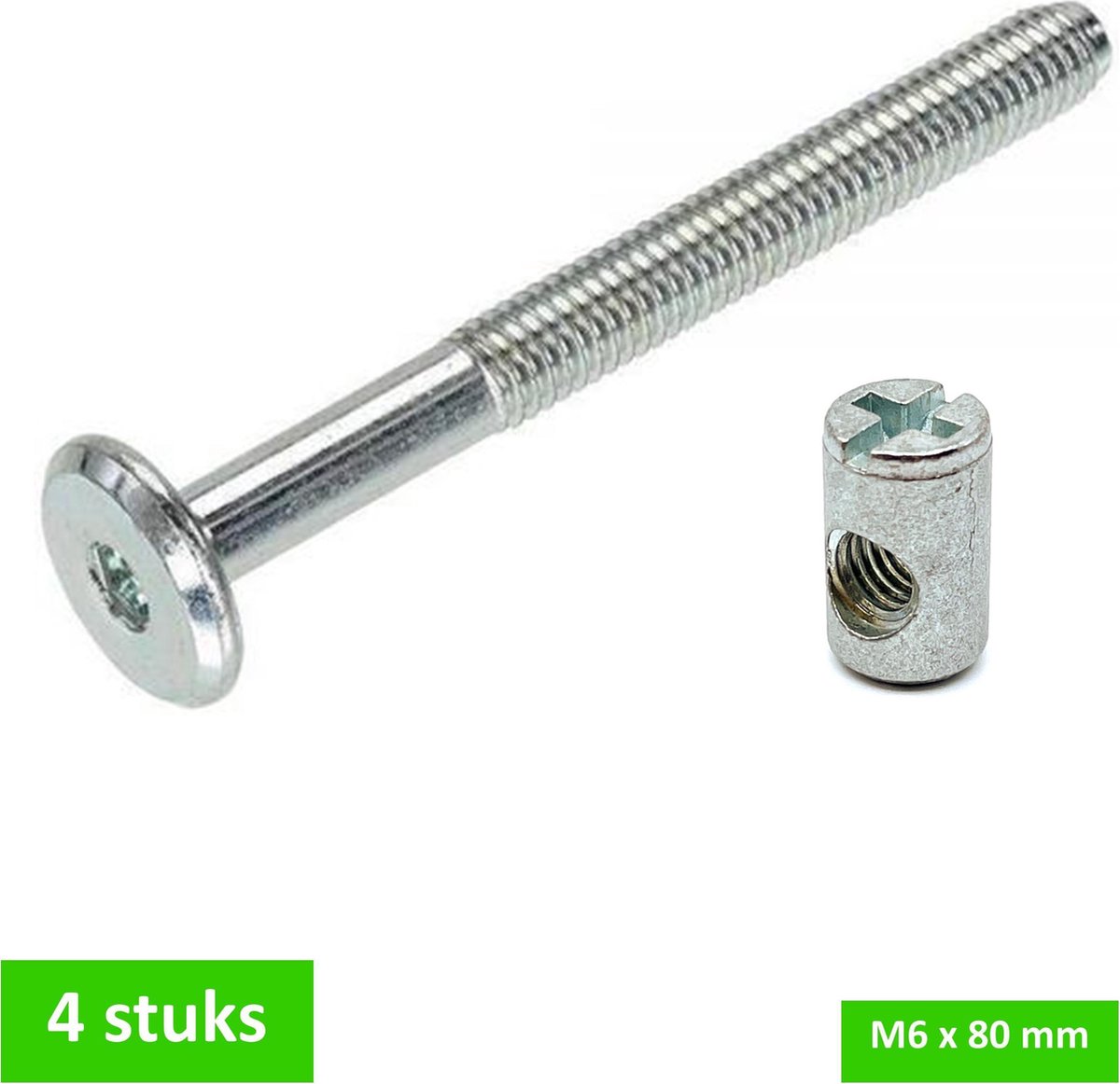TQ4U verbindingsbout + dwarsmoer - M6 x 80 mm - Ikeabout - Verzinkt - Plaatdikte 19 mm - 4 stuks