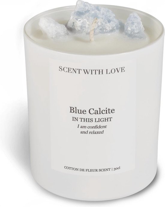 Scent With Love - Geurkaars in glas met kristal - Blue Calcite Candle - Wit - Vegan kaars