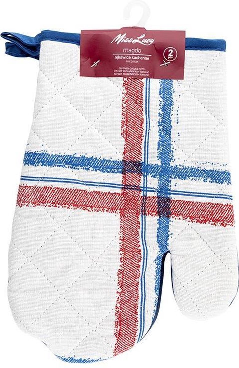 Miss Lucy Magdo set van 2 ovenwanten - Ovenhandschoenen - Keuken textiel - Keukenhandschoen - Wit/Blauw/Rood