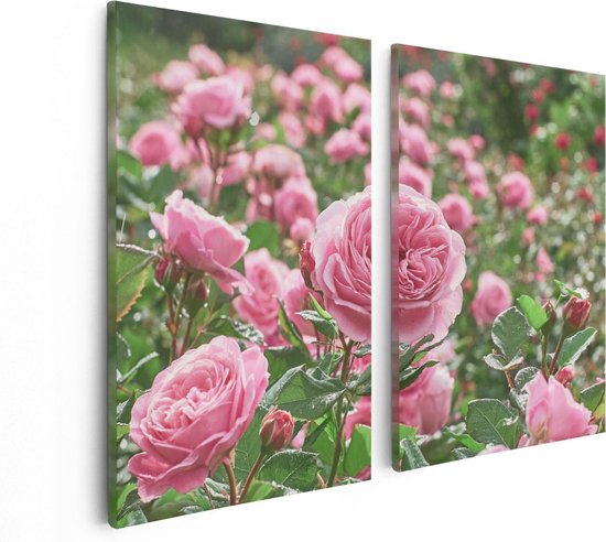 Artaza Canvas Schilderij Tweeluik Roze Rozen Bloemenveld - 80x60 - Foto Op Canvas - Canvas Print
