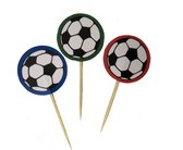 Voetbal prikkers - 24 cocktailprikkers - rood - blauw - groen - voetbal is 4 cm