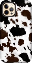 Apple iPhone 12 Pro Telefoonhoesje - Extra Stevig Hoesje - 2 lagen bescherming - Met Dierenprint - Koeien Patroon - Donkerbruin