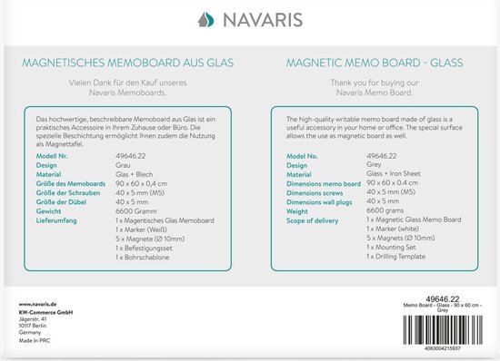 Navaris glassboard - Magnetisch bord voor aan de wand - Memobord van glas - 90 x 60 cm - Magneetbord inclusief magneten en marker - Grijs - Navaris