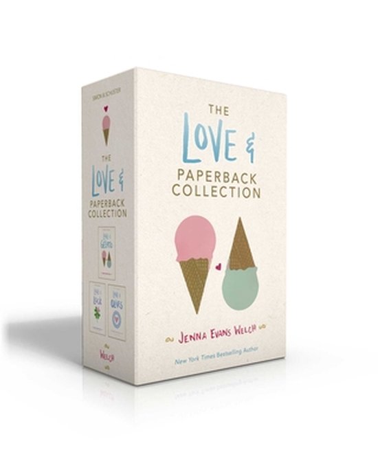 De kaft van de 'The Love & Paperback Collection' is crème met een patroon en toont twee ijshoorntjes, een roze en een mintgroene, en de tekst 'Jenna Evans Welch'.