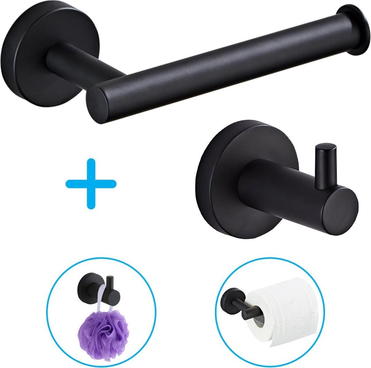 Sanics Toilet Accessoires Set Zwart - WC Rolhouder RVS met Handdoekhouder – Zwart