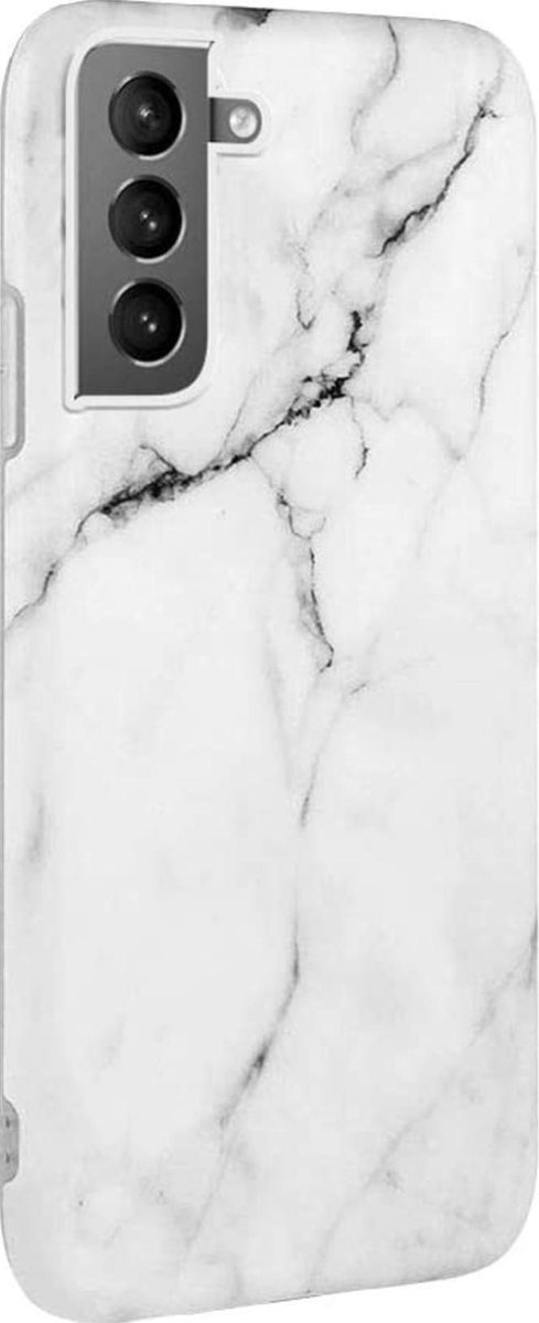Geschikt voor Samsung Galaxy S21 hoesje - Wit / Zwart - Marmer - Soft TPU