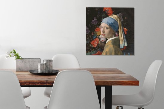 Canvas schilderij 50x50 cm - Wanddecoratie Meisje met de parel - Vermeer - Bloemen - Muurdecoratie woonkamer - Slaapkamer decoratie - Kamer accessoires - Schilderijen op canvas