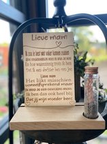 Tekstbordje lieve mam in houten standaard + droogbloempje/lavendel in buisje met deksel  / moederdag / moederdag cadeau / oma / mama