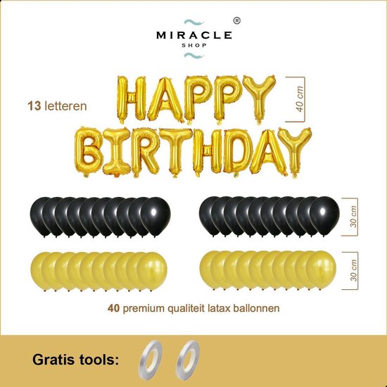 Verjaardag Ballonnen Mini Pakket 53 delig, Zwart-Goud, Premium Kwaliteit, Folie, Latex, Happy Birthday, Feest, Party, Set, Decoratie, Versiering, Miracle Shop