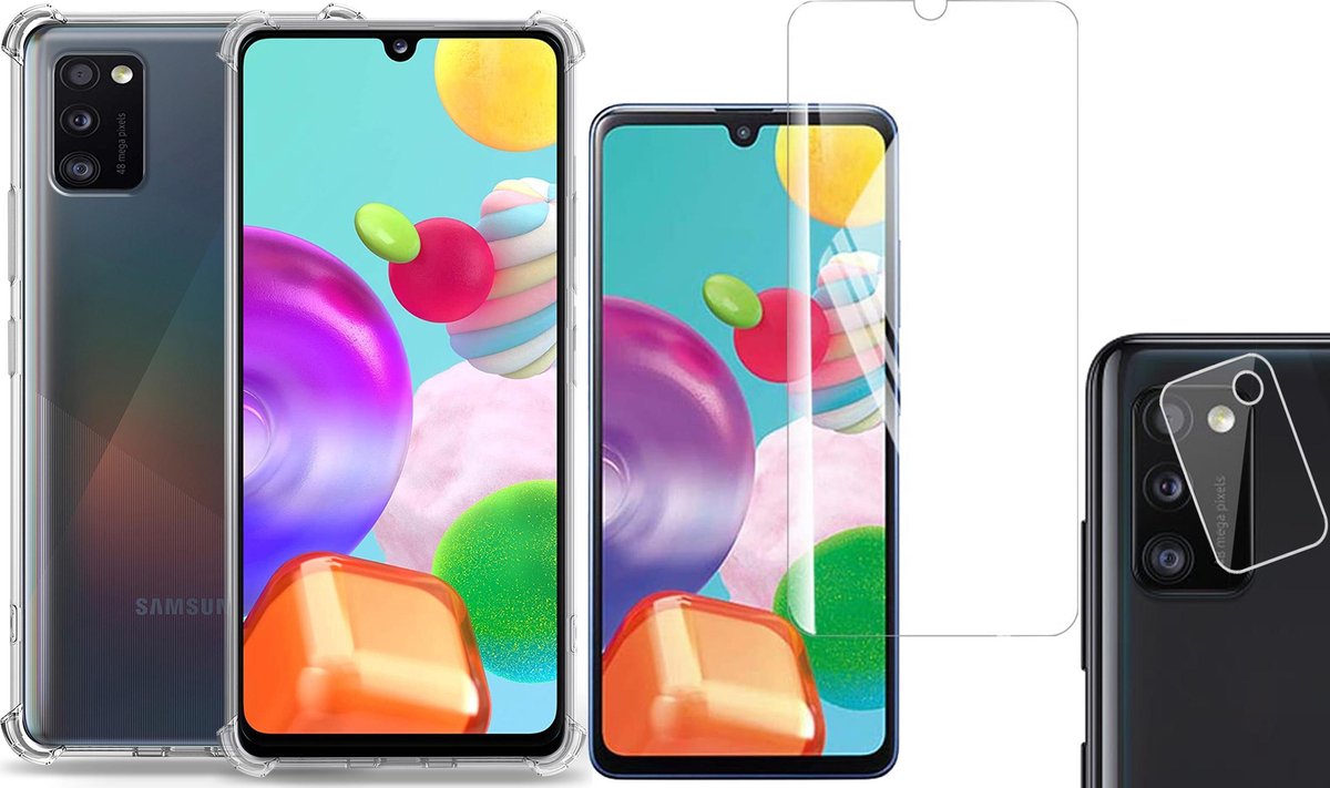 Hoesje geschikt voor Samsung Galaxy A41 - Screenprotector Glas & Camera Screen Protector - Transparant Shock Case