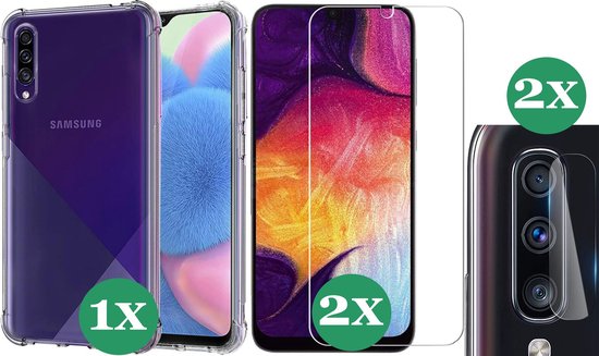 Hoesje geschikt voor Samsung Galaxy A50 - 2x Screenprotector Glas & 2x Camera Screen Protector - Transparant Shock Case