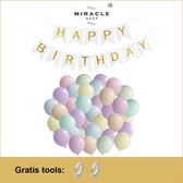 Slinger Pakket 65 delig, HAPPY BIRTHDAY Slinger XL ( Wit-Goud )+ Macaron Pastel kleur Latex (12 inch), Voordeel, Voordeelpack, Set, Verjaardag, Decoratie, Versiering, Miracle Shop