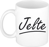 Jelte naam cadeau mok / beker met sierlijke letters - Cadeau collega/ vaderdag/ verjaardag of persoonlijke voornaam mok werknemers