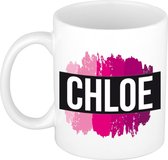 Chloe  naam cadeau mok / beker met roze verfstrepen - Cadeau collega/ moederdag/ verjaardag of als persoonlijke mok werknemers