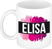 Elisa  naam cadeau mok / beker met roze verfstrepen - Cadeau collega/ moederdag/ verjaardag of als persoonlijke mok werknemers
