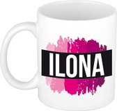 Ilona naam cadeau mok / beker met roze verfstrepen - Cadeau collega/ moederdag/ verjaardag of als persoonlijke mok werknemers