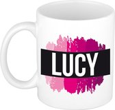 Lucy  naam cadeau mok / beker met roze verfstrepen - Cadeau collega/ moederdag/ verjaardag of als persoonlijke mok werknemers