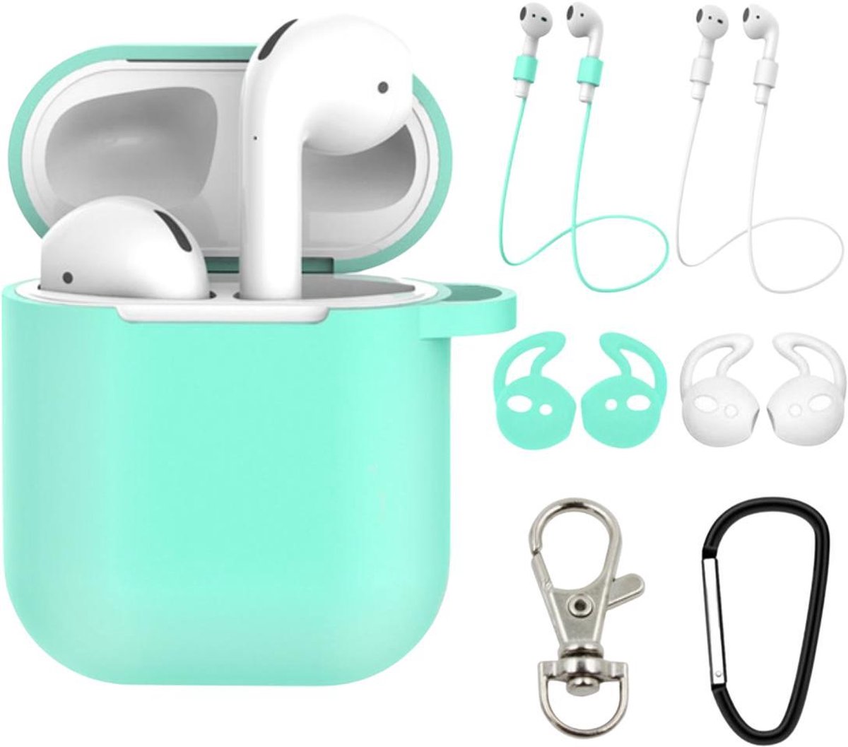 Studio Air® Airpods Hoesje Siliconen Case - Luxe Set met 7 items - Soepel Airpod Hoesje - Mint Groen