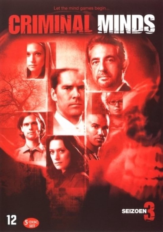 Castfoto met de zeven hoofdrolspelers van Criminal Minds, omringd door rode, abstracte vormen. "CRIMINAL MINDS" staat groot bovenaan.
