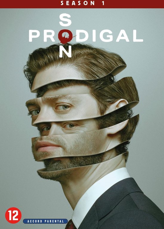 DVD-hoes van Prodigal Son Seizoen 1 met een man wiens gezicht in lagen is gesneden. Met '12' logo.