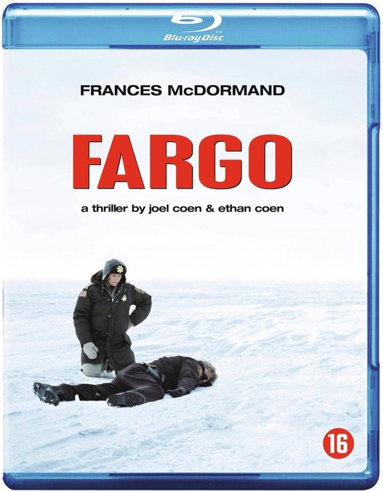 Blu-ray hoes van Fargo. Frances McDormand en een liggend figuur in de sneeuw. "FARGO" staat groot in rode letters.