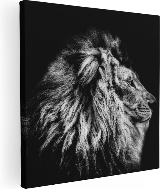 Artaza Canvas Schilderij Leeuw - Leeuwenkop - Zwart Wit - 80x80 - Groot - Foto Op Canvas - Canvas Print