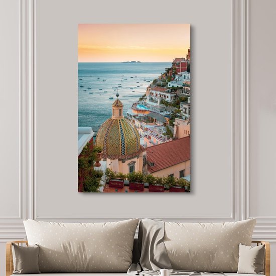 Toile Peinture Italie - Mer - Maisons - 120x180 cm - Décoration murale XXL