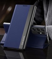 Voor Samsung Galaxy S21 Ultra 5G Side Gegalvaniseerde Magnetische Ultradunne Horizontale Flip Leather Case met Houder (Donkerblauw)