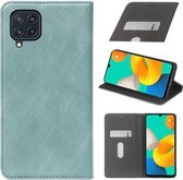 Voor Samsung Galaxy M32 Doek Textuur Retro Horizontale Flip PU Lederen Schokbestendige Case met Houder & Kaartsleuf (Blauw)