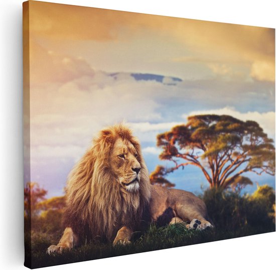 Artaza Canvas Schilderij Leeuw Tijdens Zonsondergang - 80x60 - Foto Op Canvas - Canvas Print
