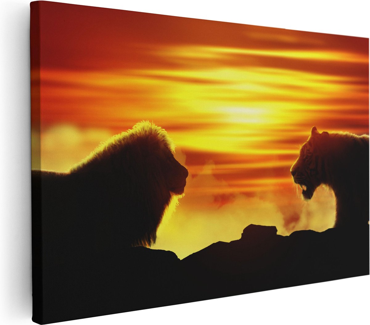 Artaza Canvas Schilderij Leeuw En Tijger - Silhouet - Zonsopkomst - 30x20 - Klein - Foto Op Canvas - Canvas Print