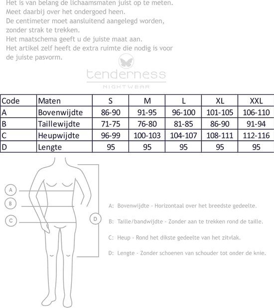 Maattabel met afmetingen in cm voor buste, taille, heup en lengte voor verschillende maten.