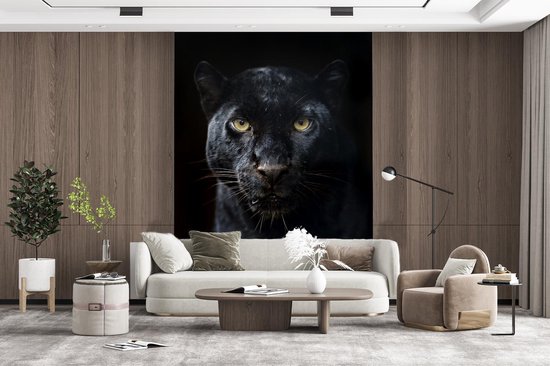 Behang - Fotobehang Panter - Zwart - Geel - Breedte 225 cm x hoogte 280 cm