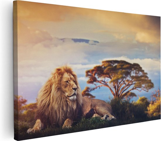 Artaza Canvas Schilderij Leeuw Tijdens Zonsondergang - 90x60 - Foto Op Canvas - Canvas Print - Muurdecoratie